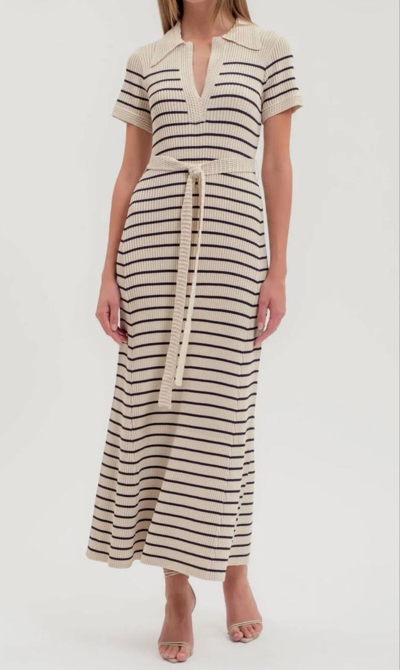 NWOT Joie Cream Black Striped Ribbed Knit Maxi Dress Belted Size Small